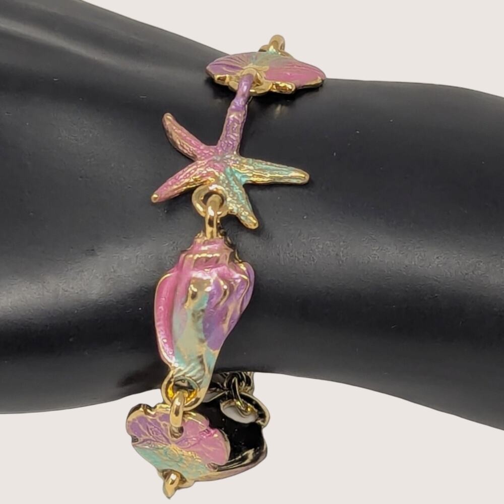 Vintage Gold Tone Enamel Starfish And Shell Link Bracelet